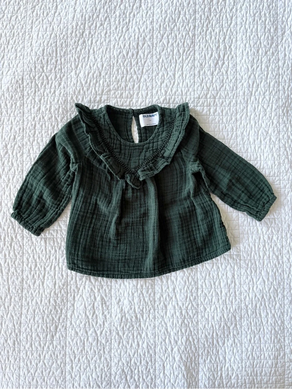 Old Navy Dark Green Ruffle Collar Top - Muslin Cotton - Toddler Girls Size 2T